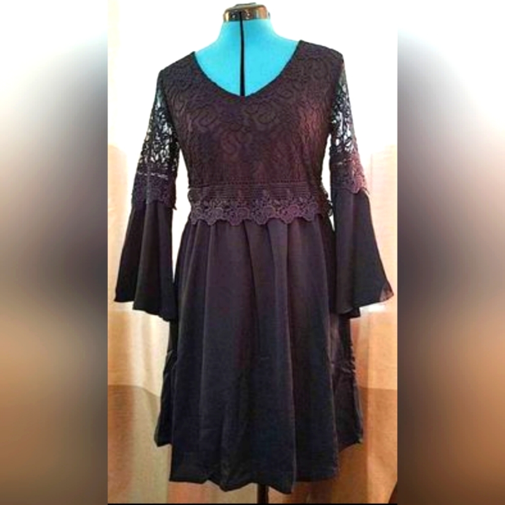 New with Tags, ZANZEA Vintage Floral Lace V Neck, 3/4 Bell Sleeve,A-line Dress